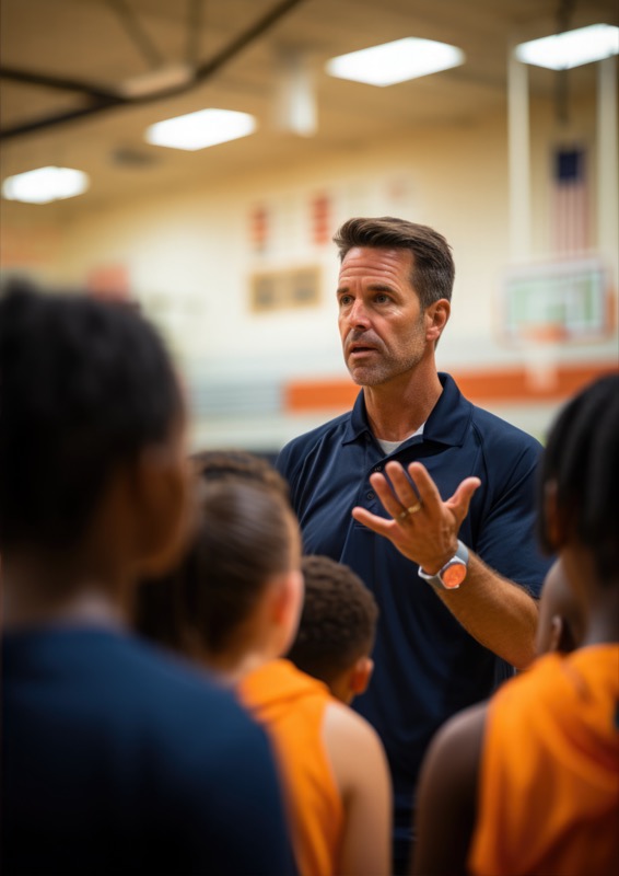 A volleyball coach instructs a group of young players on serving techniques during a practice session. The coach's gestures and the players' focused expressions convey the dynamics of the learning process.